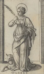 Sint Agnes met een palm in haar rechterhand, een schaap linksonder, ca. 1500-1527