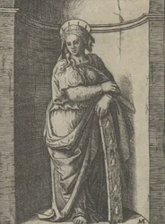 Sint-Catharina staand in een nis, leunend op een wiel, haar martelwerktuig