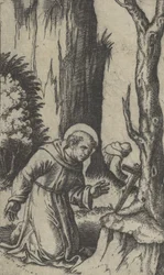 Sint Franciscus van Assisi die bidt voor een crucifix, uit de serie 
