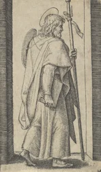 Sint Jacobus Major, boek in zijn rechterhand, staf in zijn linkerhand, naar rechts kijkend