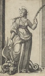 Sint Margaretha staand, een draak links, uit de serie 