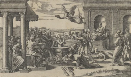 Het martelaarschap van de heilige Cecilia, naakt staand in een grote ketel, links onder..., ca. 1520-25