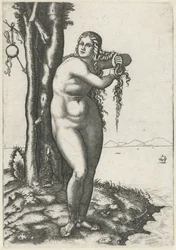 Venus staat op waterkant en wringt water uit haar haar