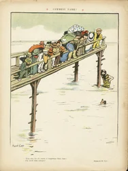 Illustratie van Marcel Capy (1865-1941) in Le Rire, 24/08/12 - Hoe doe je het? - Vrije tijd, Architectuur Stedenbouw, Marine Marine Kust, Zwemmen Zwemmen Zwemmen, Menigte