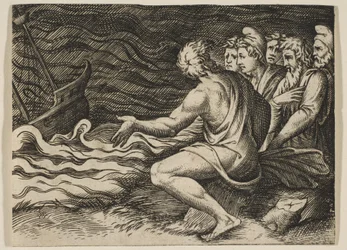 Een groep figuren rechts die getuige zijn van een schipbreuk, ca. 1515-27