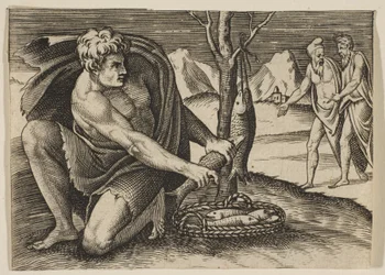 Een man knielt naast een mand met vis en pakt er een met beide handen, twee mannen bij..., ca. 1515-27