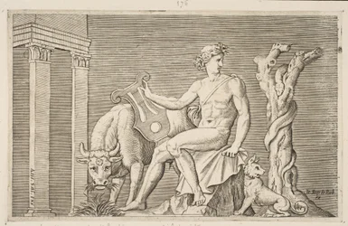 Apollo die de kuddes van Admetus hoedt, Apollo zittend met een lier en geflankeerd door een..., ca. 1515-27