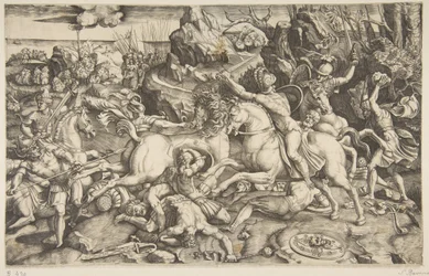 Slagveld in een landschap met soldaten te paard en verschillende gevallen mannen, een ander..., ca. 1520