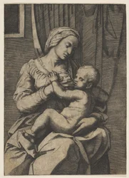 Maagd die het kind Christus op haar schoot voedt