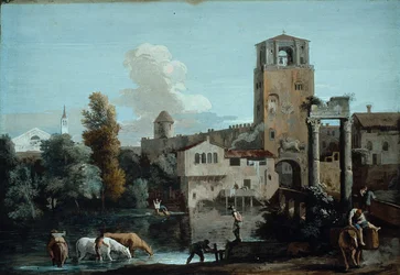Een Capriccio met paarden die drinken in een rivier buiten een ommuurde stad
