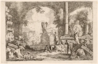 Capriccio van antieke ruïnes met mannen die naar een klassieke redenaar kijken