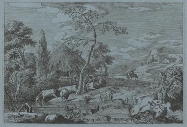 Vee en figuren bij een boerderijbeek
