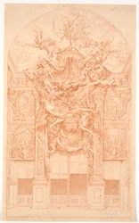 Decoratieontwerp met genieën die een kroon en een troonhemel dragen
