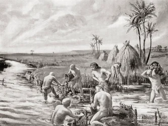 Vroege kolonisten in Babylonië draineren de moerassen door een dam te bouwen, uit Hutchinson