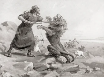 Tiglath-Pileser die een leeuw afslacht, uit Hutchinson