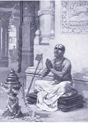 Ramanuja overpeinst zijn filosofie van de ene persoonlijke God 1100 n.Chr. (litho)