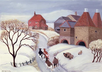 Koeien naar huis drijven in de sneeuw