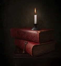 Boeken bij kaarslicht en een sleutel