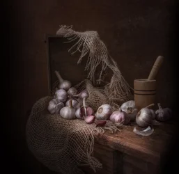 Rustiek stilleven met knoflook
