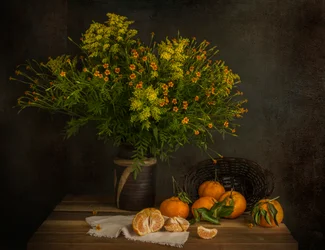 Mandarijnen en herfstbloemen