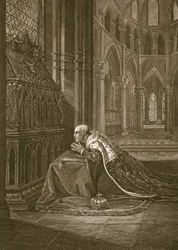 Lodewijk VII, koning van Frankrijk, voor het graf van Beckett, gegraveerd door W. Sharp, illustratie uit David Hume