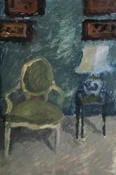 Interieur met fauteuil en lamp, 2019 (olieverf op papier)