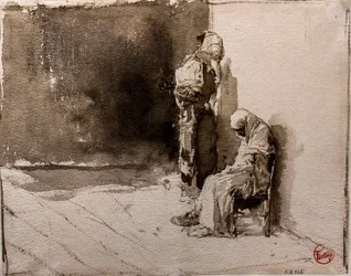 Twee Arabische bedelaars op een straathoek (inktwas op papier)