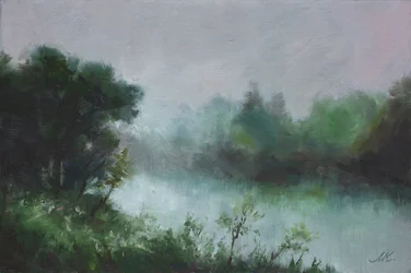 Mistig rivierlandschap