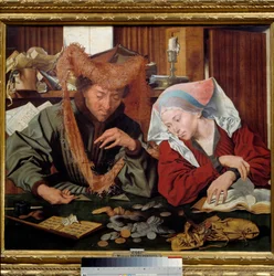 De geldwisselaar en zijn vrouw Een stel geldwisselaars telt en weegt geld. Schilderij door Marinus Claeszoon van Reymerswaele (1493-1567) 1538 Madrid, Prado Museum