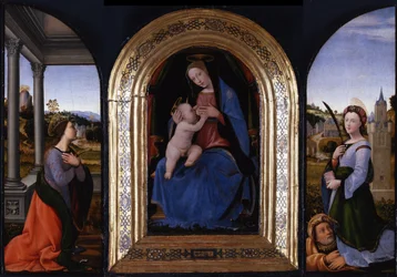 Maria lactans op de troon met de heiligen Catharina van Alexandrië en Barbara en haar vader Dioscurus, 15e eeuw