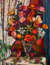 Stilleven van bloemen in een zilveren vaas