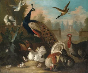 Een pauw en andere vogels in een sierlijk landschap