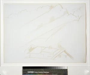 Berglandschap, gebouw op de voorgrond