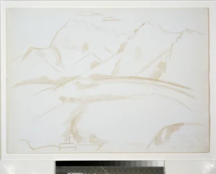 Berglandschap met kerktoren op de voorgrond