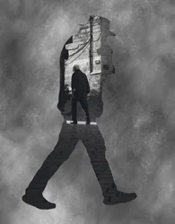 Silhouet van een wandelende oude man