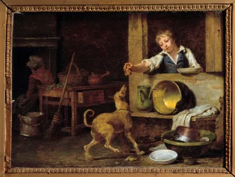 Keukeninterieur Een jonge dienaar geeft de hond de restjes. Schilderij door Martin Drolling (1752-1817) 19e eeuw Orléans, Museum voor Schone Kunsten