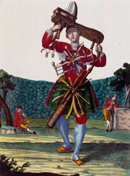 Fabrikant van fluiten, gravure uit Assemblage des nouveau manouvries habilles door Martin Engelbrecht (1684-1756), Duitsland
