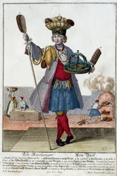 Beroep: Een bakker. Gravure door Martin Engelbrecht (1684-1756), in Nieuwe verzameling van de manouvries habilles 18e eeuw, Duitsland. Parijs, Decoratieve Kunsten