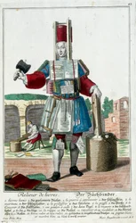 Beroep: Een boekbinder. Gravure door Martin Engelbrecht (1684-1756), in "Nieuwe verzameling van de geklede handwerkslieden" 18e eeuw, Duitsland. Parijs, Decoratieve Kunsten
