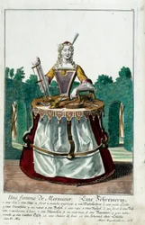 Beroep: De vrouw van een timmerman. Gravure door Martin Engelbrecht, in 
