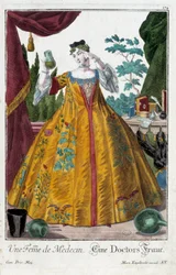 Beroep: De vrouw van een dokter. Gravure door Martin Engelbrecht (1684-1756), in Nieuwe verzameling van de manouvries habilles 18e eeuw, Duitsland. Parijs, Decoratieve Kunsten