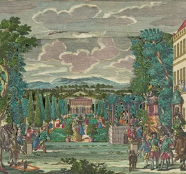 Papieren theater of diorama van een Italiaans villa en tuin, ca. 1730-56