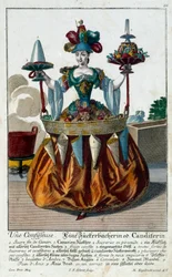 De banketbakker: een jonge vrouw met een dienblad met snoep en suikerwerk. Gravure door Martin Engelbrecht (1684-1756) 18e eeuw. Parijs, Decoratieve Kunsten