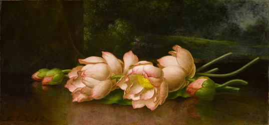 Lotusbloemen: Een Landschapsschilderij op de Achtergrond, ca. 1885-1900
