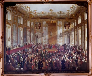 Maria Theresia van Oostenrijk (1717-1780) tijdens de ceremonie van de instelling van de Orde van Sint-Stefanus in 1764