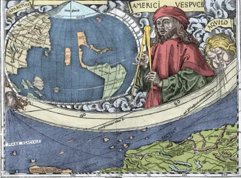 VESPUCCI, Amerigo (1454-1512). Italiaanse ontdekkingsreiziger en cartografie in de „Waldseemüllerkaart of Universalis Cosmographia - (Universele kosmografie) - Waldseemüllerplanisfeer“ - 1507 -