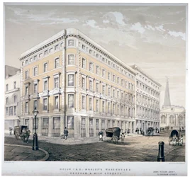 Magazijnen van J&R Morley, hoek van Milk Street en Gresham Street, Londen, ca. 1840