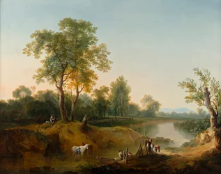 Ruiter en vissers in een rivierlandschap