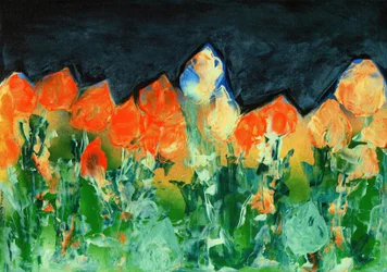 Zwarte regenlucht boven een berglandschap met bloemen