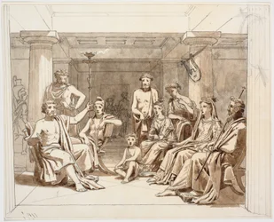 Antieke scène, vermoedelijk Odysseus die zijn gebeurtenissen vertelt aan de Faiaken